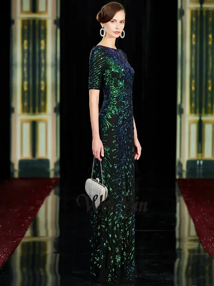 Sparkle Sexy Mermaid Evening Dresses Long Sequined O-Neck Green Evening Gowns For Party Vestidos Largos Fiesta
