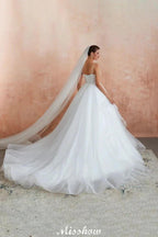White Ball Gown Wedding Dress with Chapel Train, Spaghetti Strap See-through Lace up Bridal Gowns for Sale