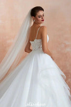 White Ball Gown Wedding Dress with Chapel Train, Spaghetti Strap See-through Lace up Bridal Gowns for Sale