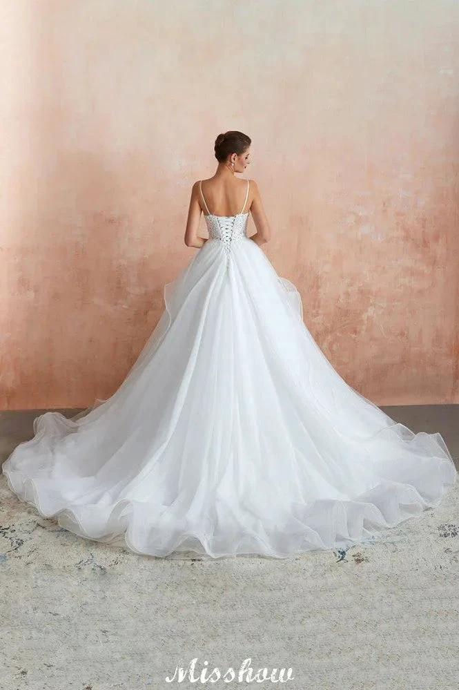 White Ball Gown Wedding Dress with Chapel Train, Spaghetti Strap See-through Lace up Bridal Gowns for Sale