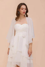 White Bridesmaid Dress Knee Length Two Layers of Wedding Guest Dress with Wraps