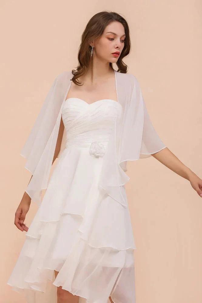 White Bridesmaid Dress Knee Length Two Layers of Wedding Guest Dress with Wraps