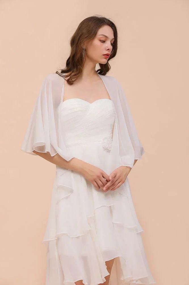 White Bridesmaid Dress Knee Length Two Layers of Wedding Guest Dress with Wraps