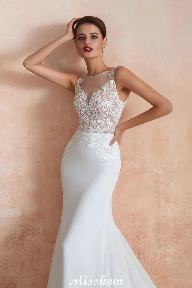 White Illusion Neck Column Wedding Dress Sleeveless Bridal Gowns
