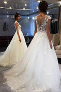White Long A-line Tulle Lace Appiliques Wedding Dresses