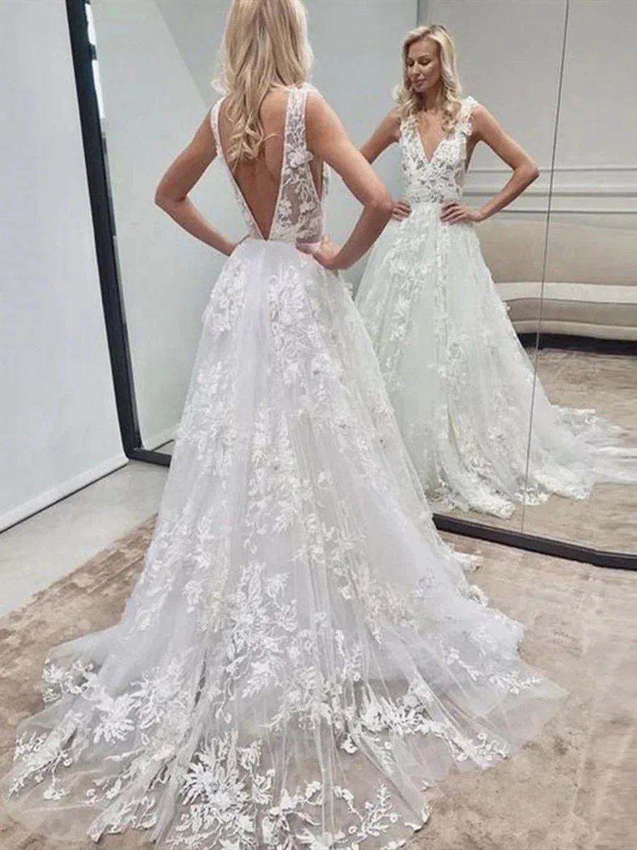 White Long A Line V Neck Backless Tulle Lace Wedding Dresses