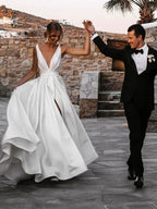 White Long A-line V-neck Satin Backless Wedding Dresses with Slit