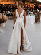 White Long A-line V-neck Satin Backless Wedding Dresses with Slit