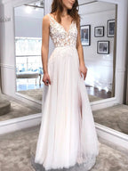 White Long A Line V Neck Tulle Backless Lace Prom Dress with Slit