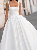 White Long Ball Gown Scoop Neck Court Train Satin Wedding Dresses