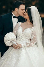White Sweetheart A-line Long Sleeves Wedding Dress With Lace