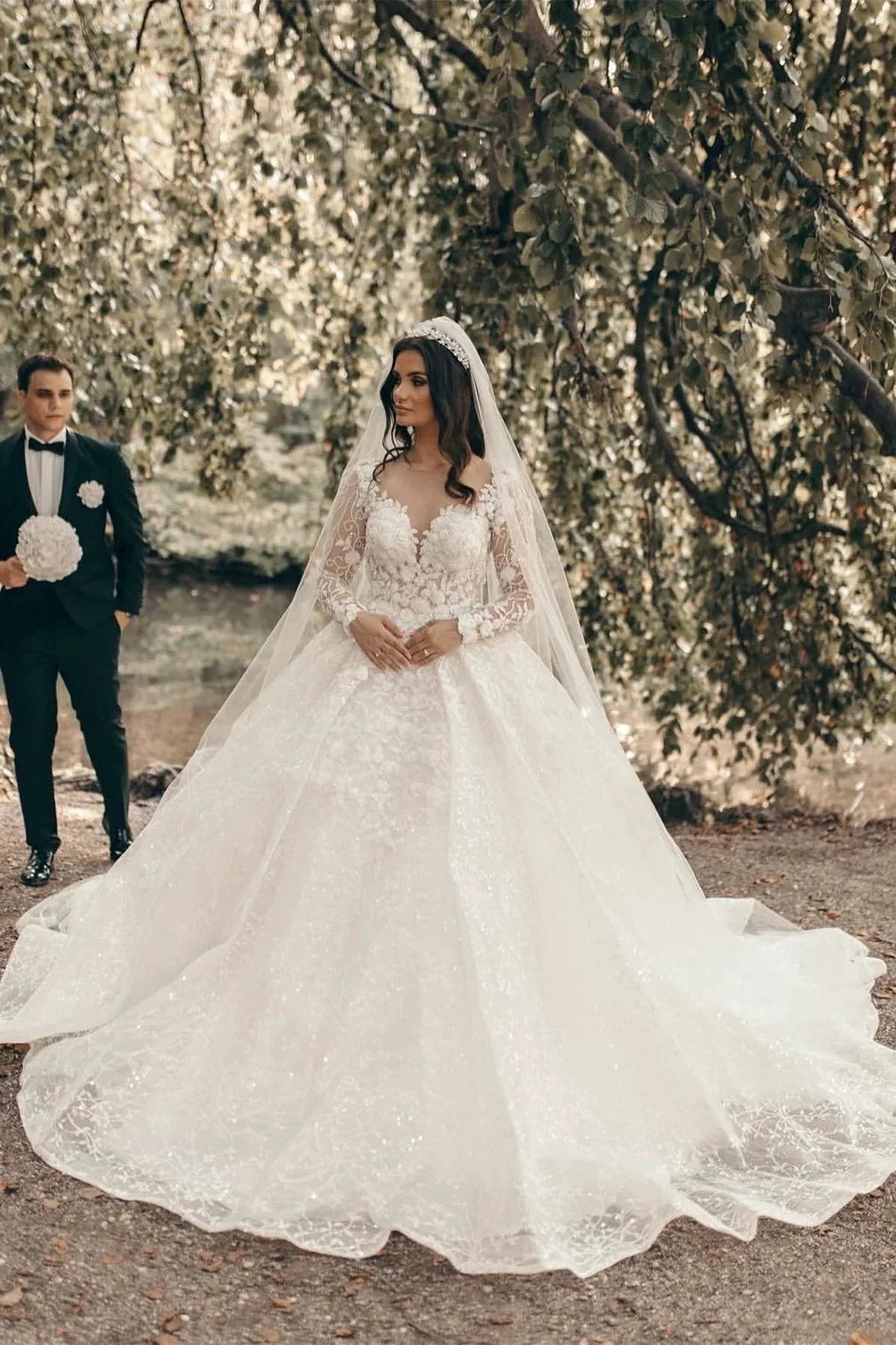 White Sweetheart A-line Long Sleeves Wedding Dress With Lace