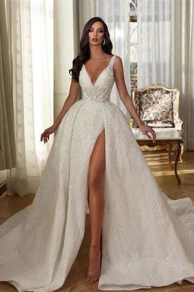 White V-neck Sleeveless Sequined Split Wedding Dress With Train