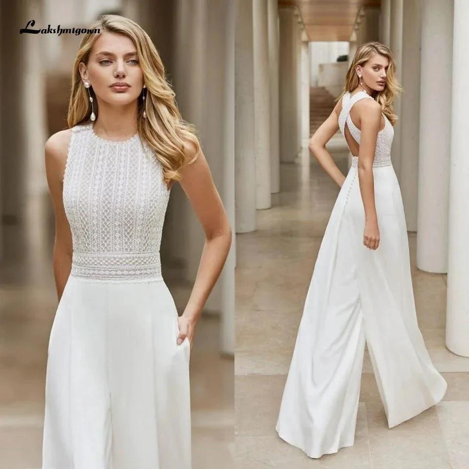White Wedding Jumpsuit Beach Wedding Dresses O Neck Floor Length Boho Wedding Gowns Outfit Customize lace Robe De Soiree