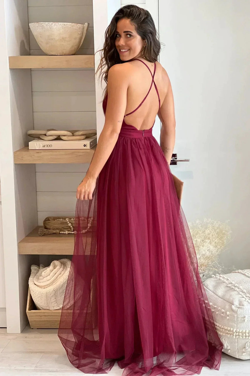 V Neck Sexy Backless Spaghetti Strap Slutty Prom Dresses SYP169