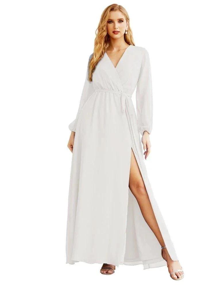 Women's Chiffon Bridesmaid Dress A line Long Sleeves Formal Evening Prom Gown for Wedding Guest SEA28032