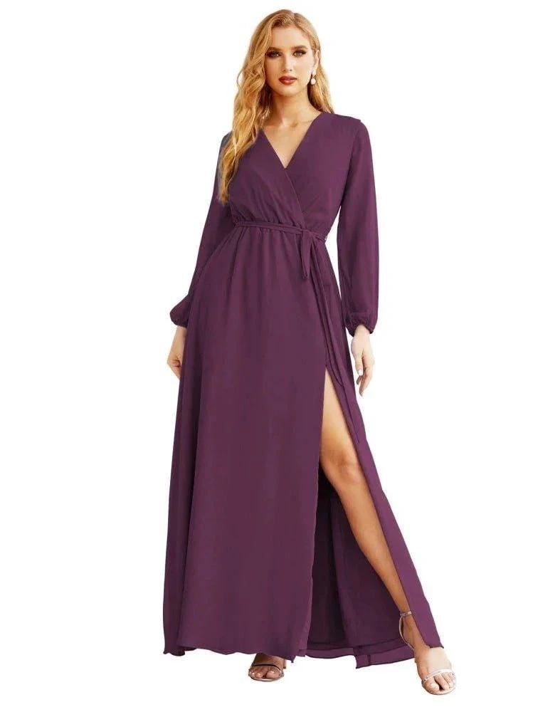 Women's Chiffon Bridesmaid Dress A line Long Sleeves Formal Evening Prom Gown for Wedding Guest SEA28032