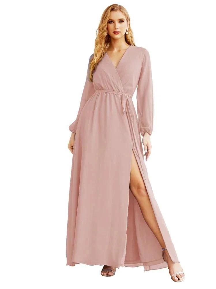 Women's Chiffon Bridesmaid Dress A line Long Sleeves Formal Evening Prom Gown for Wedding Guest SEA28032