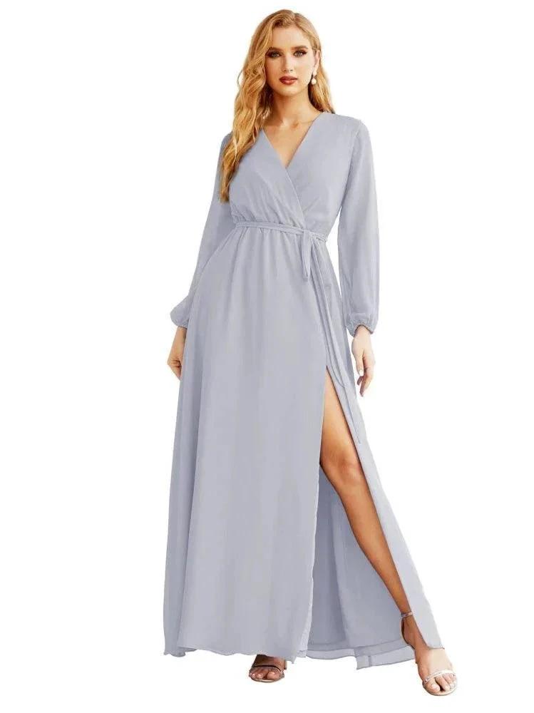 Women's Chiffon Bridesmaid Dress A line Long Sleeves Formal Evening Prom Gown for Wedding Guest SEA28032
