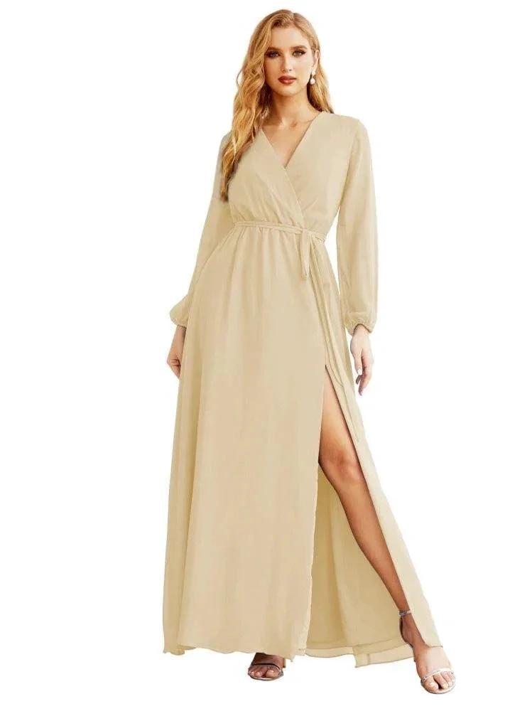 Women's Chiffon Bridesmaid Dress A line Long Sleeves Formal Evening Prom Gown for Wedding Guest SEA28032