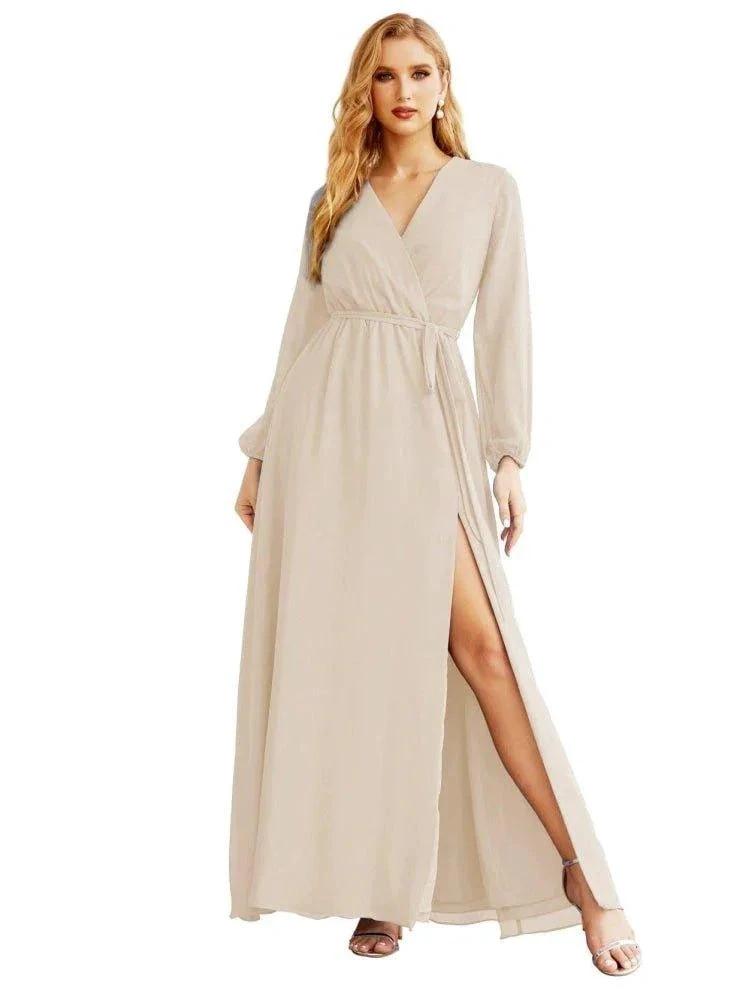 Women's Chiffon Bridesmaid Dress A line Long Sleeves Formal Evening Prom Gown for Wedding Guest SEA28032