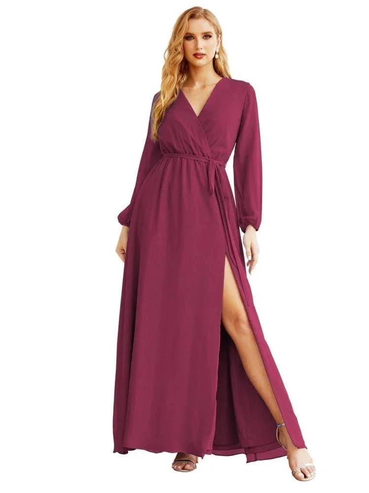Women's Chiffon Bridesmaid Dress A line Long Sleeves Formal Evening Prom Gown for Wedding Guest SEA28032