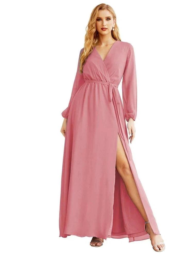 Women's Chiffon Bridesmaid Dress A line Long Sleeves Formal Evening Prom Gown for Wedding Guest SEA28032
