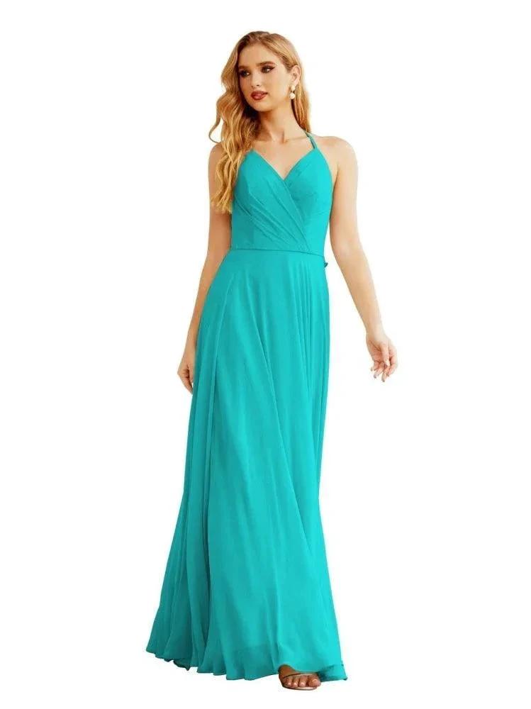 Women's Halter Chiffon Bridesmaid Dresses Wedding Apparel Long Sleeveless Formal Prom Dress with Ruffled Back SEA28035