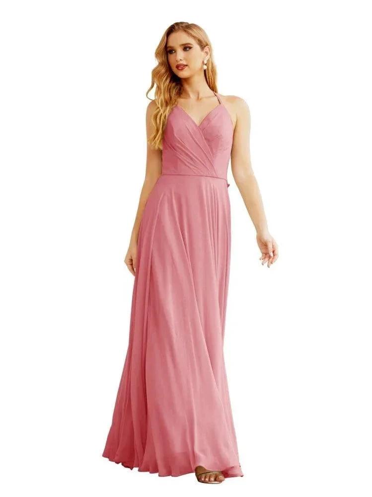 Women's Halter Chiffon Bridesmaid Dresses Wedding Apparel Long Sleeveless Formal Prom Dress with Ruffled Back SEA28035