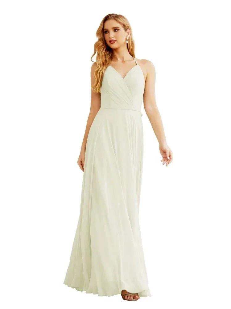 Women's Halter Chiffon Bridesmaid Dresses Wedding Apparel Long Sleeveless Formal Prom Dress with Ruffled Back SEA28035