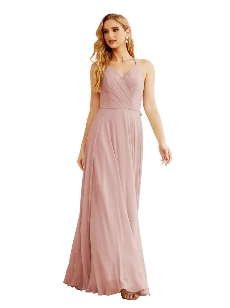 Women's Halter Chiffon Bridesmaid Dresses Wedding Apparel Long Sleeveless Formal Prom Dress with Ruffled Back SEA28035
