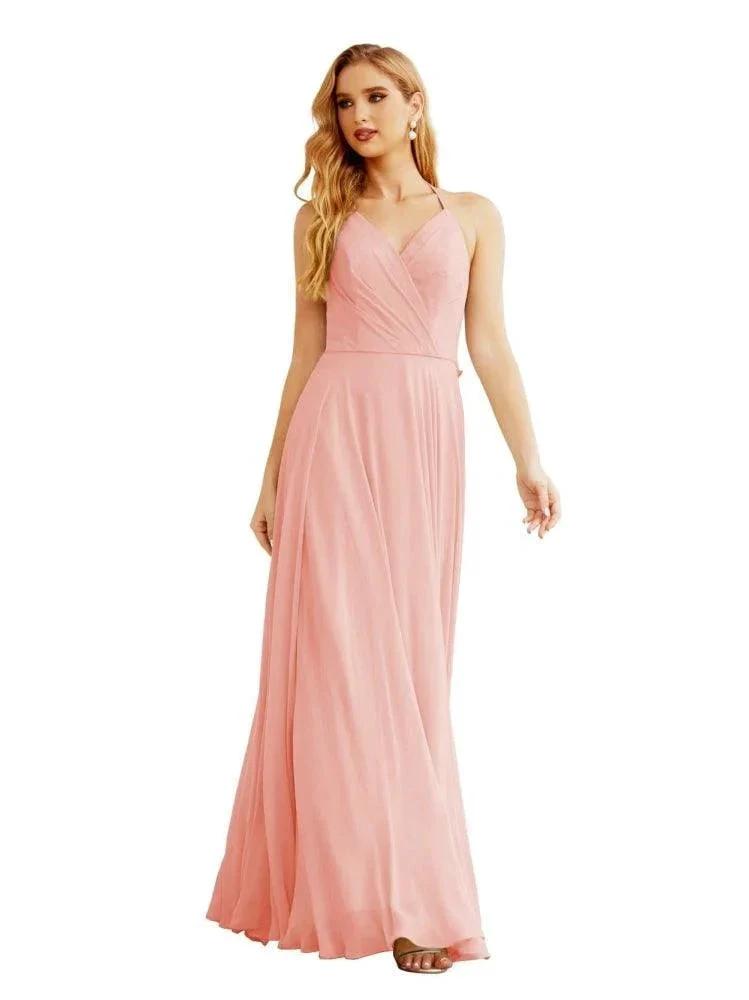 Women's Halter Chiffon Bridesmaid Dresses Wedding Apparel Long Sleeveless Formal Prom Dress with Ruffled Back SEA28035