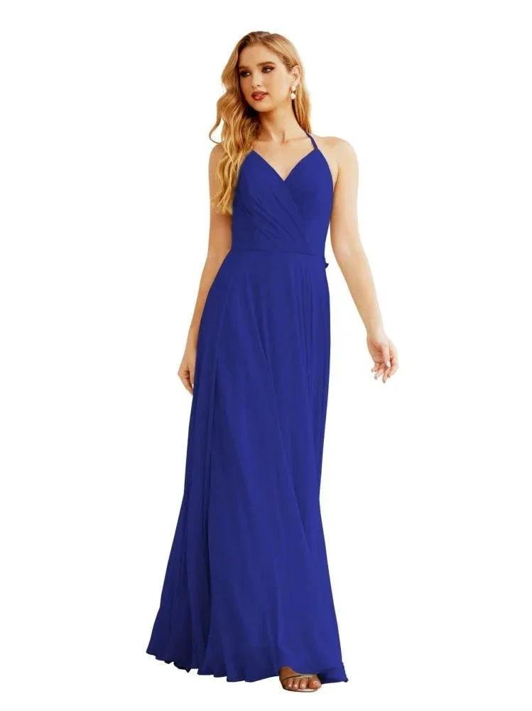 Women's Halter Chiffon Bridesmaid Dresses Wedding Apparel Long Sleeveless Formal Prom Dress with Ruffled Back SEA28035