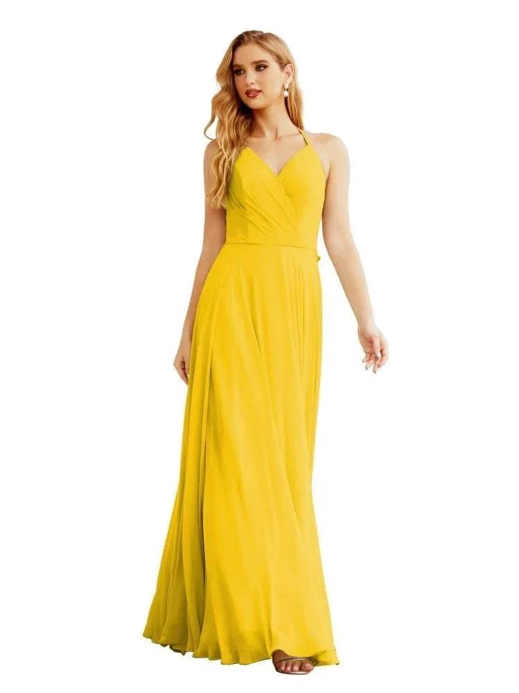 Women's Halter Chiffon Bridesmaid Dresses Wedding Apparel Long Sleeveless Formal Prom Dress with Ruffled Back SEA28035