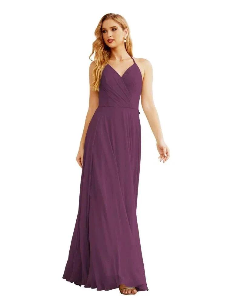 Women's Halter Chiffon Bridesmaid Dresses Wedding Apparel Long Sleeveless Formal Prom Dress with Ruffled Back SEA28035