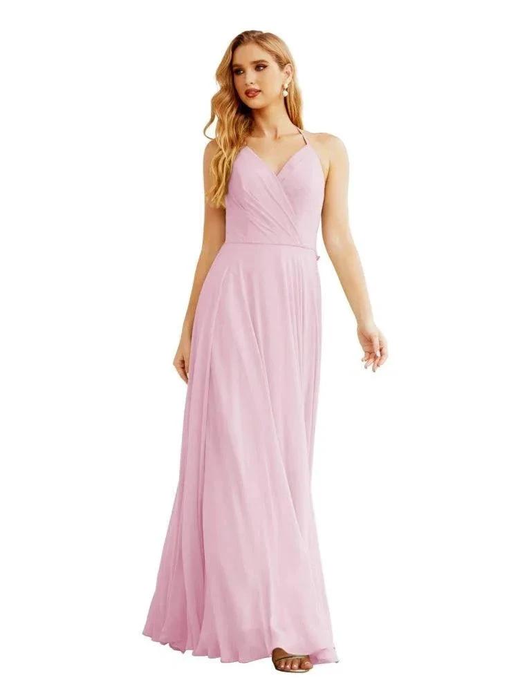 Women's Halter Chiffon Bridesmaid Dresses Wedding Apparel Long Sleeveless Formal Prom Dress with Ruffled Back SEA28035