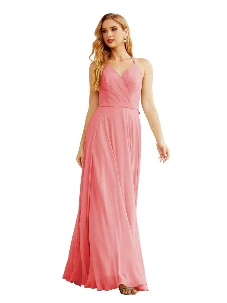 Women's Halter Chiffon Bridesmaid Dresses Wedding Apparel Long Sleeveless Formal Prom Dress with Ruffled Back SEA28035