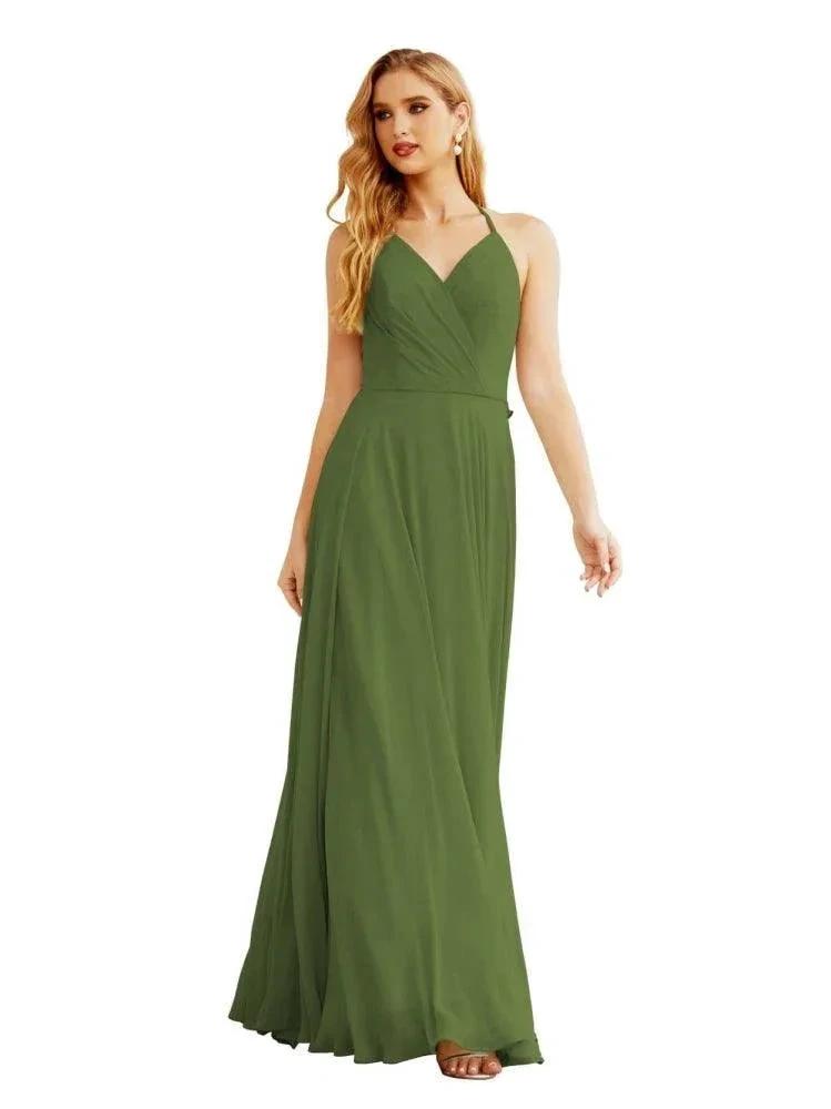 Women's Halter Chiffon Bridesmaid Dresses Wedding Apparel Long Sleeveless Formal Prom Dress with Ruffled Back SEA28035