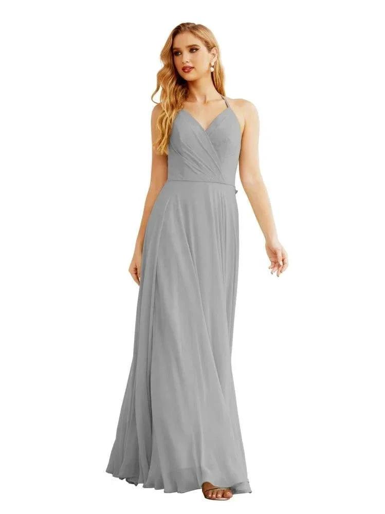 Women's Halter Chiffon Bridesmaid Dresses Wedding Apparel Long Sleeveless Formal Prom Dress with Ruffled Back SEA28035
