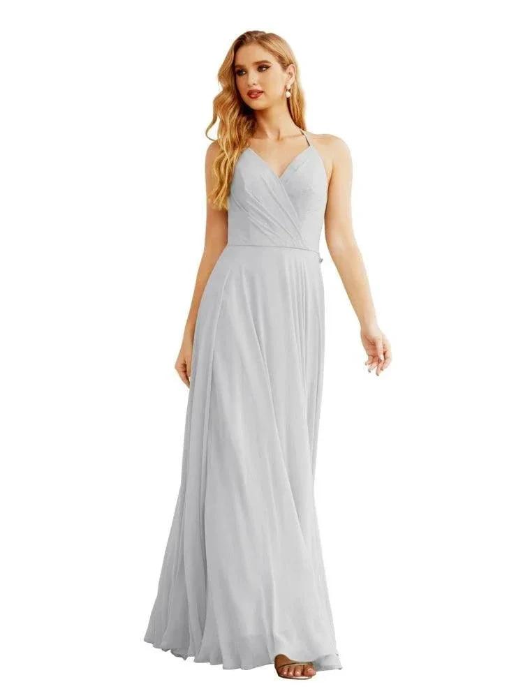 Women's Halter Chiffon Bridesmaid Dresses Wedding Apparel Long Sleeveless Formal Prom Dress with Ruffled Back SEA28035