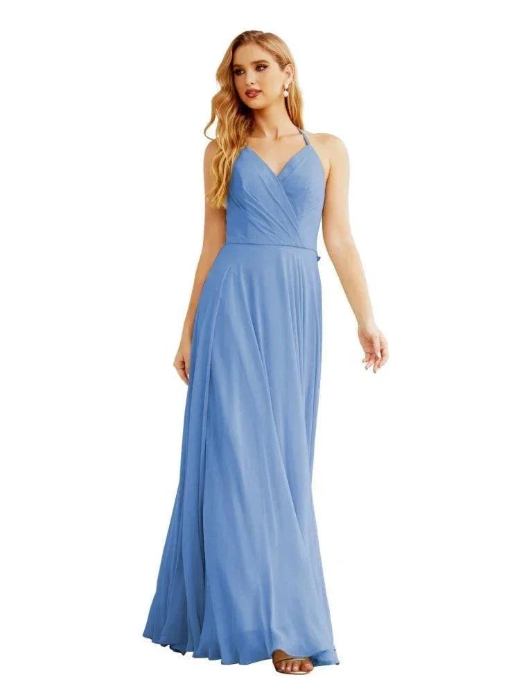 Women's Halter Chiffon Bridesmaid Dresses Wedding Apparel Long Sleeveless Formal Prom Dress with Ruffled Back SEA28035