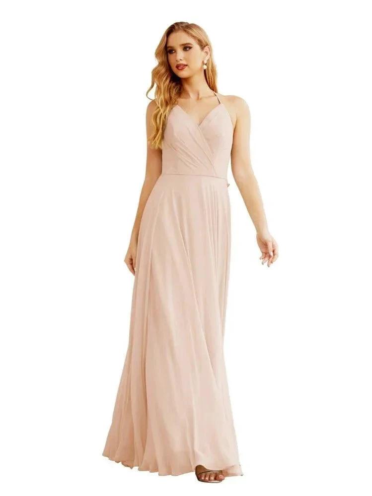 Women's Halter Chiffon Bridesmaid Dresses Wedding Apparel Long Sleeveless Formal Prom Dress with Ruffled Back SEA28035