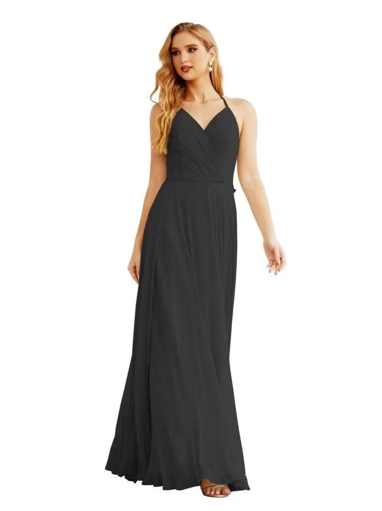 Women's Halter Chiffon Bridesmaid Dresses Wedding Apparel Long Sleeveless Formal Prom Dress with Ruffled Back SEA28035