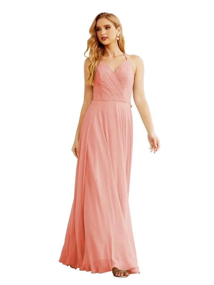 Women's Halter Chiffon Bridesmaid Dresses Wedding Apparel Long Sleeveless Formal Prom Dress with Ruffled Back SEA28035