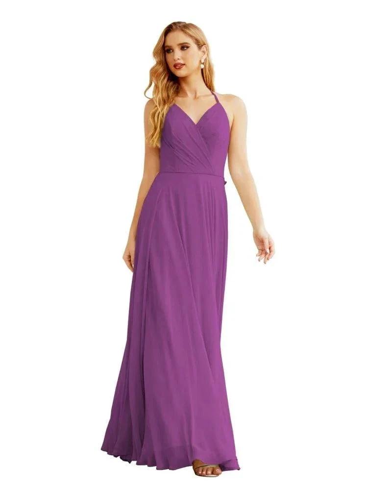 Women's Halter Chiffon Bridesmaid Dresses Wedding Apparel Long Sleeveless Formal Prom Dress with Ruffled Back SEA28035