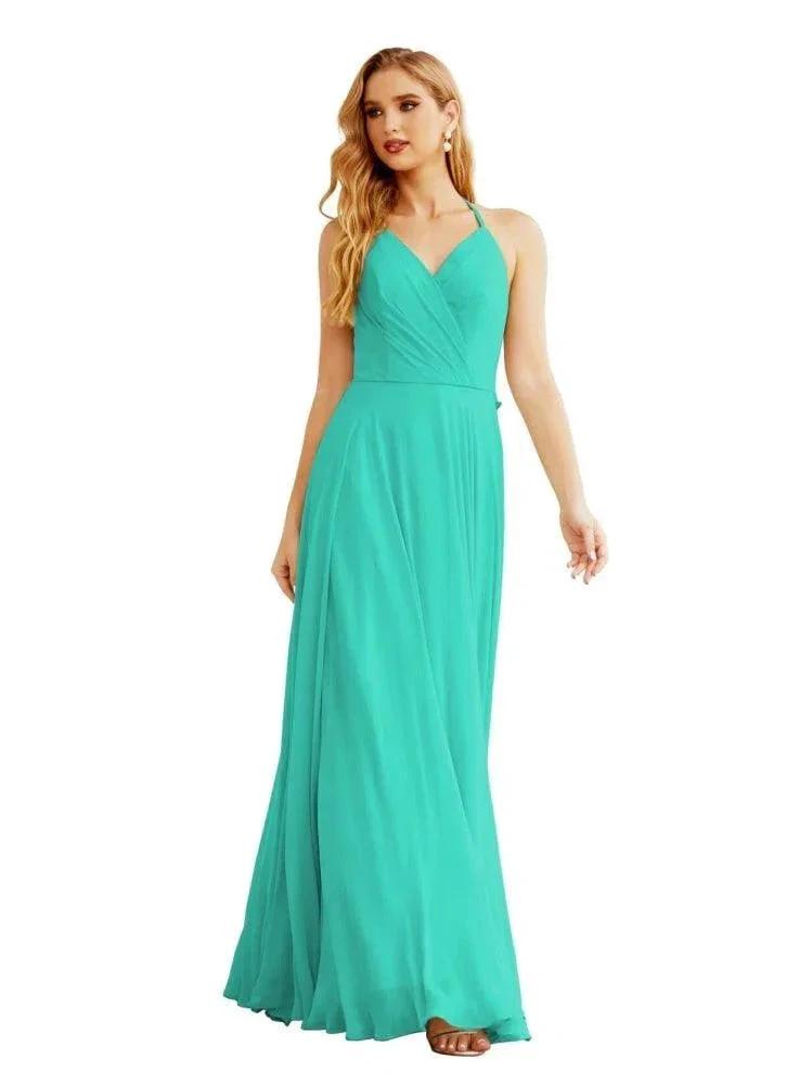 Women's Halter Chiffon Bridesmaid Dresses Wedding Apparel Long Sleeveless Formal Prom Dress with Ruffled Back SEA28035