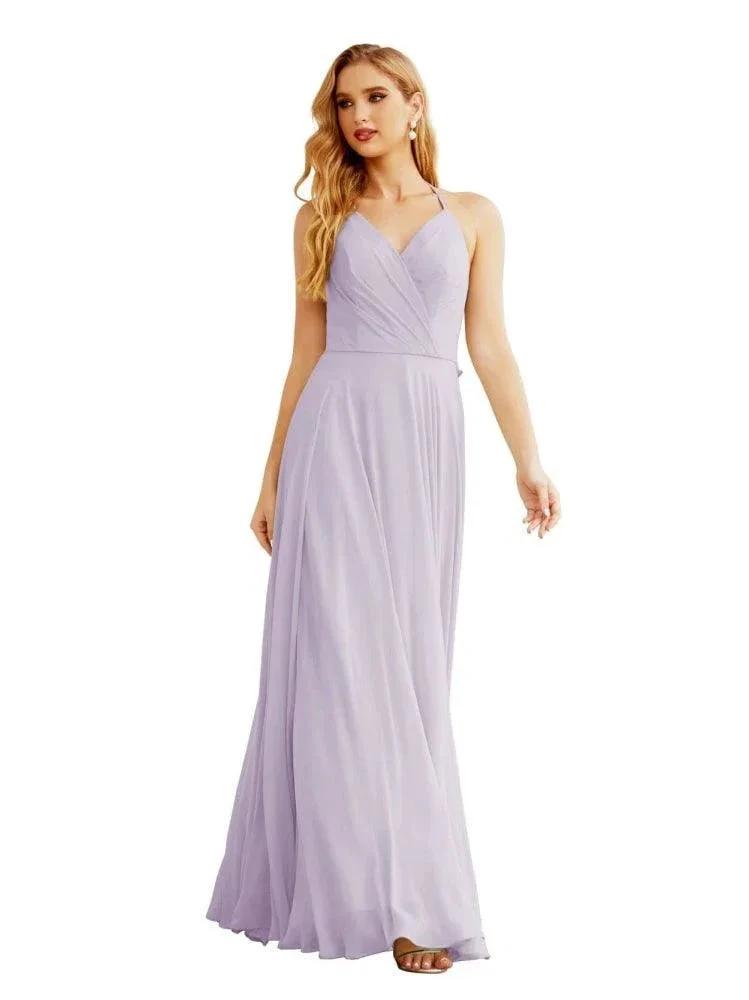 Women's Halter Chiffon Bridesmaid Dresses Wedding Apparel Long Sleeveless Formal Prom Dress with Ruffled Back SEA28035