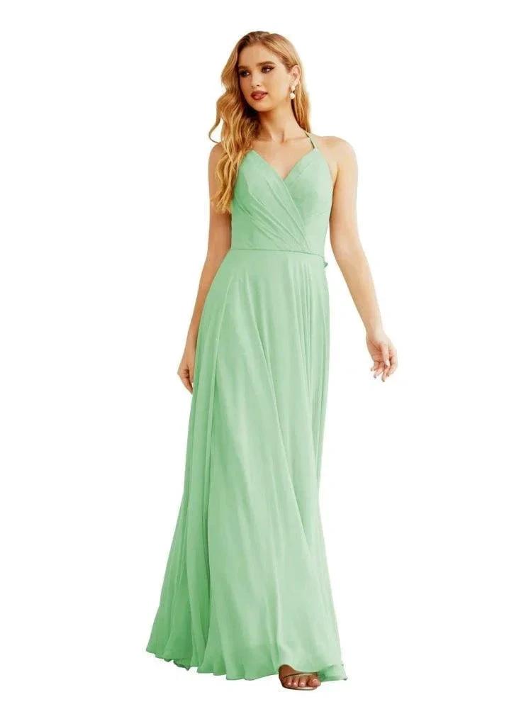 Women's Halter Chiffon Bridesmaid Dresses Wedding Apparel Long Sleeveless Formal Prom Dress with Ruffled Back SEA28035