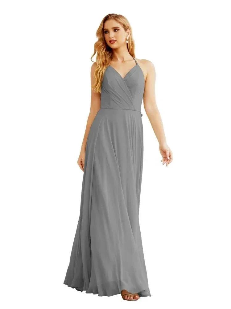 Women's Halter Chiffon Bridesmaid Dresses Wedding Apparel Long Sleeveless Formal Prom Dress with Ruffled Back SEA28035