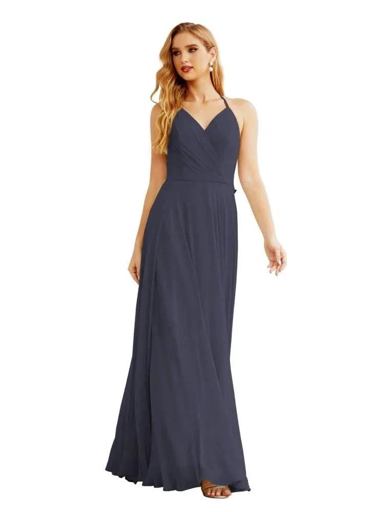 Women's Halter Chiffon Bridesmaid Dresses Wedding Apparel Long Sleeveless Formal Prom Dress with Ruffled Back SEA28035